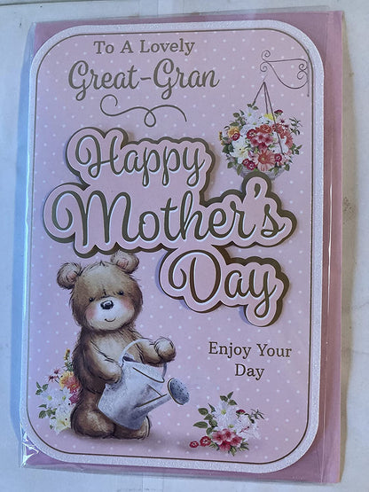 To A Lovely Great-Gran Happy Mother's Day Enjoy Your Day Mothers Day Card Pink-Gold Teddy/Watering Can 3D/Glitter/Foil Detail