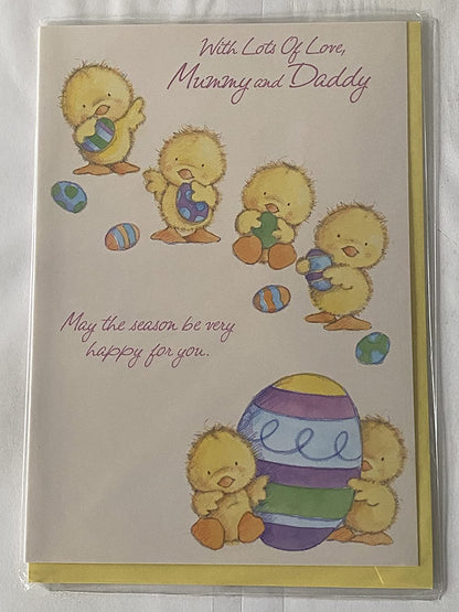 With Lots Of Love Mummy And & Daddy Easter Card Pink-Chicks/Multi Easter Eggs(ESE14213A)