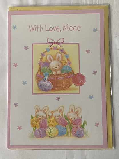 With Love Niece Easter Card White-Rabbit In Basket/Multi Easter Eggs Design