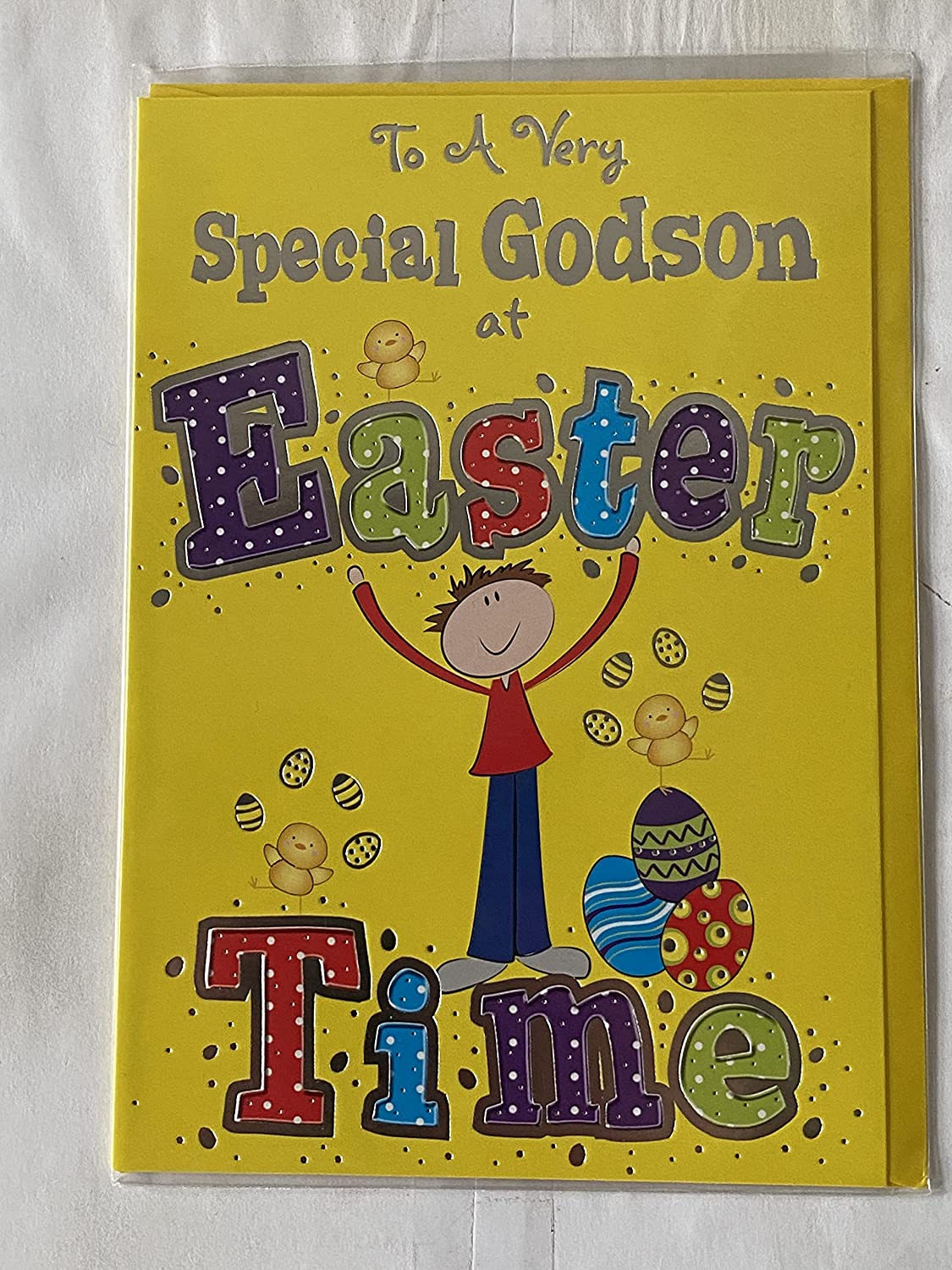 To A Very Special Godson At Easter Time Easter Card Yellow-Cute Boy/Multi Easter Eggs/Multi Words Foil Detail(PH34282A)