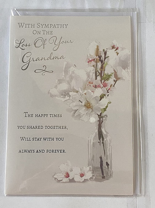 With Sympathy On The Loss of Your Grandma Sympathy Card Condolence White/Pink Flowers/Glass Vase Foil Detail(VA161A)