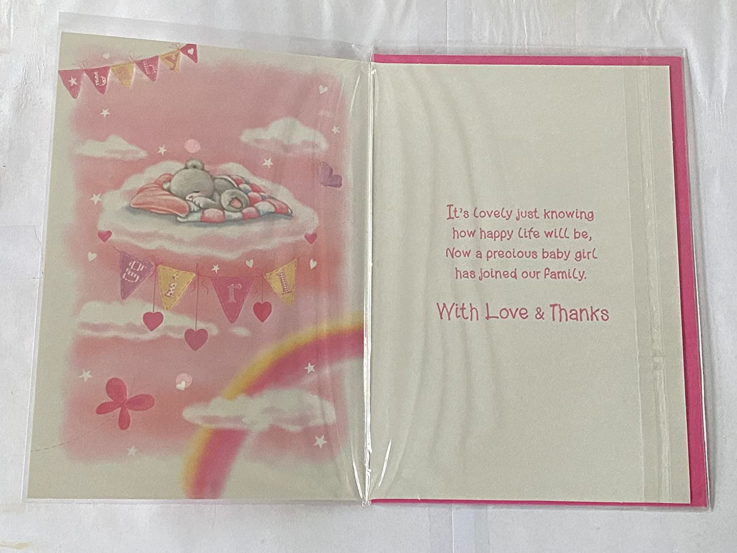 Loving Wishes On The Birth of Our Great-Granddaughter New Baby Girl Born Card From The Great-Grandparents White+Pink Teddy/Bed/Clouds Foil Detail(VA100A)