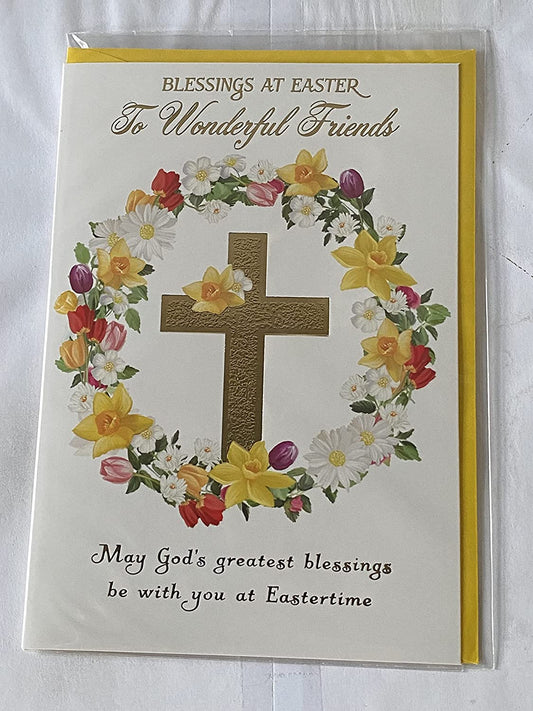 Blessings At Easter To Wonderful Friends Easter Card Gold Cross/Floral Circle/Gold Words Foil Detail