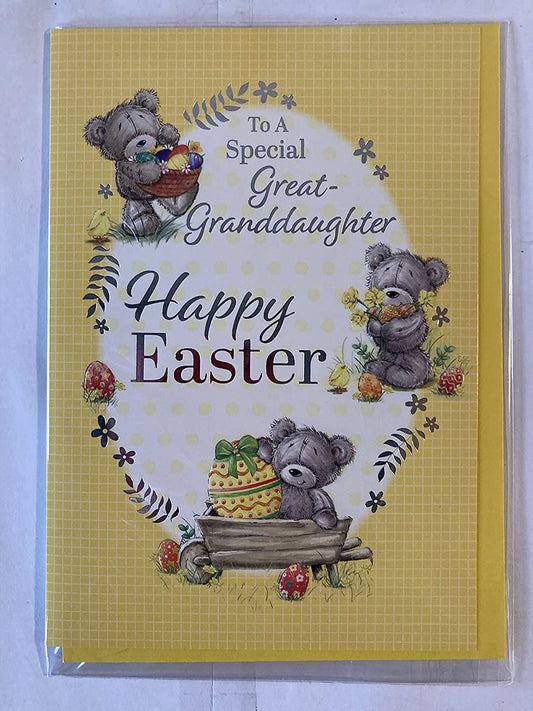 To A Special Great-Granddaughter Happy Easter Card Yellow-Teddies/Easter Eggs/Wheelbarrow Foil Detail(PH47779E)