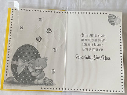 Sending Special Easter Wishes Card Open General Teddy/Big Orange Easter Egg/Multi Words/Spots Foil Detail