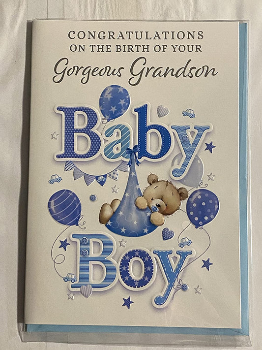 Congratulations On The Birth of Your Gorgeous Grandson New Baby Boy Born Card to Grandparents Teddy/Blue Blanket/Blue Balloons Foil Detail(VA216A)