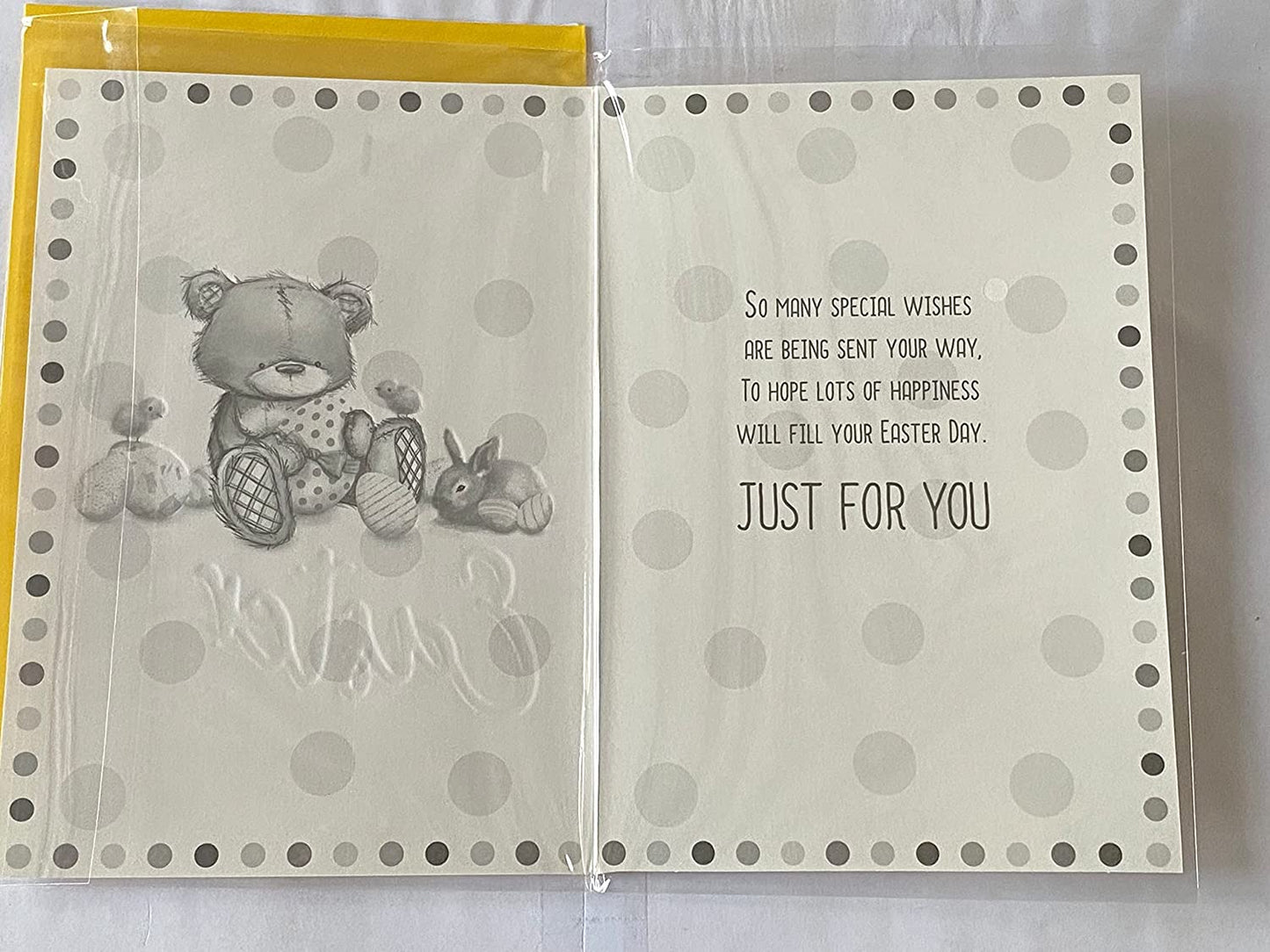 To A Very Special Friend Easter Wishes Easter Card Teddy/Yellow Easter Eggs/Rabbit/Chicks/Spots Foil Detail(PH47781A)