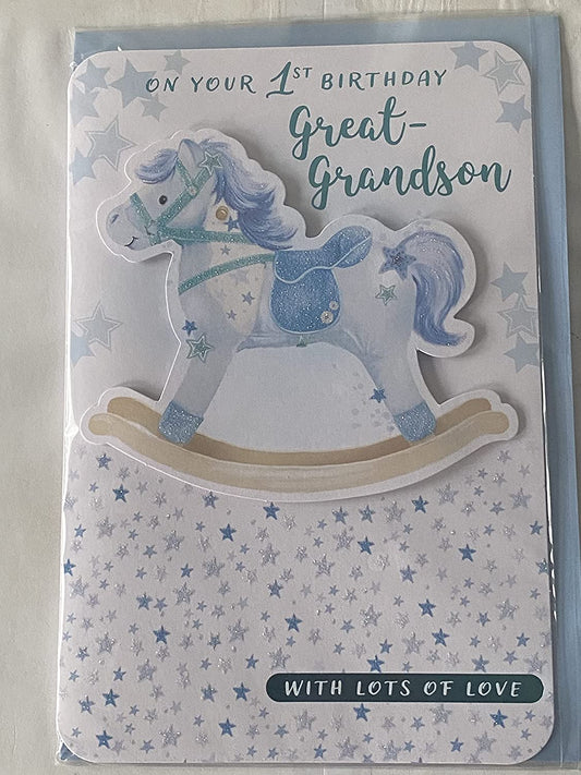 On Your 1st Birthday Great-Grandson With Lots Of Love Birthday Card Great-Grandson's First 1st One Birthday Blue Rocking Horse/Stars 3D/Glitter/Foil Detail