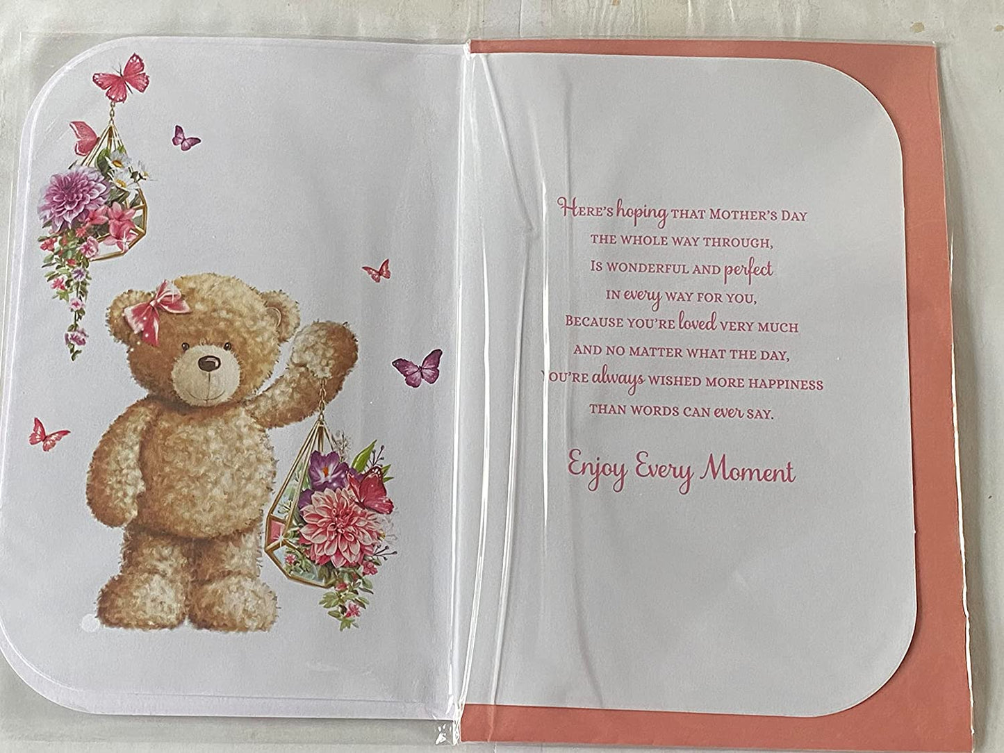 To A Lovely Step-Mum On Mother's Day Mothers Day Card Teddy/Flowers/Butterflies 3D/Glitter/Foil Detail