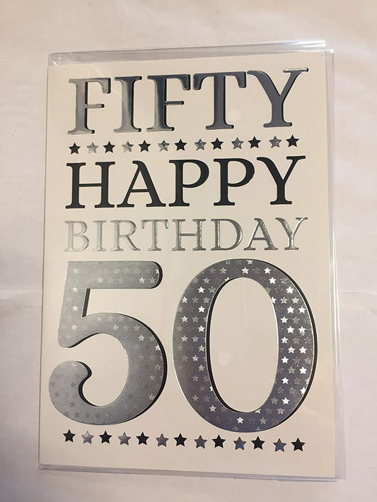 Mens Male Age 50 50th Fifty Fiftieth Fifty Happy Birthday 50 Birthday Card White/Silver/Black Words/Stars Foil Detail(PH44439A)