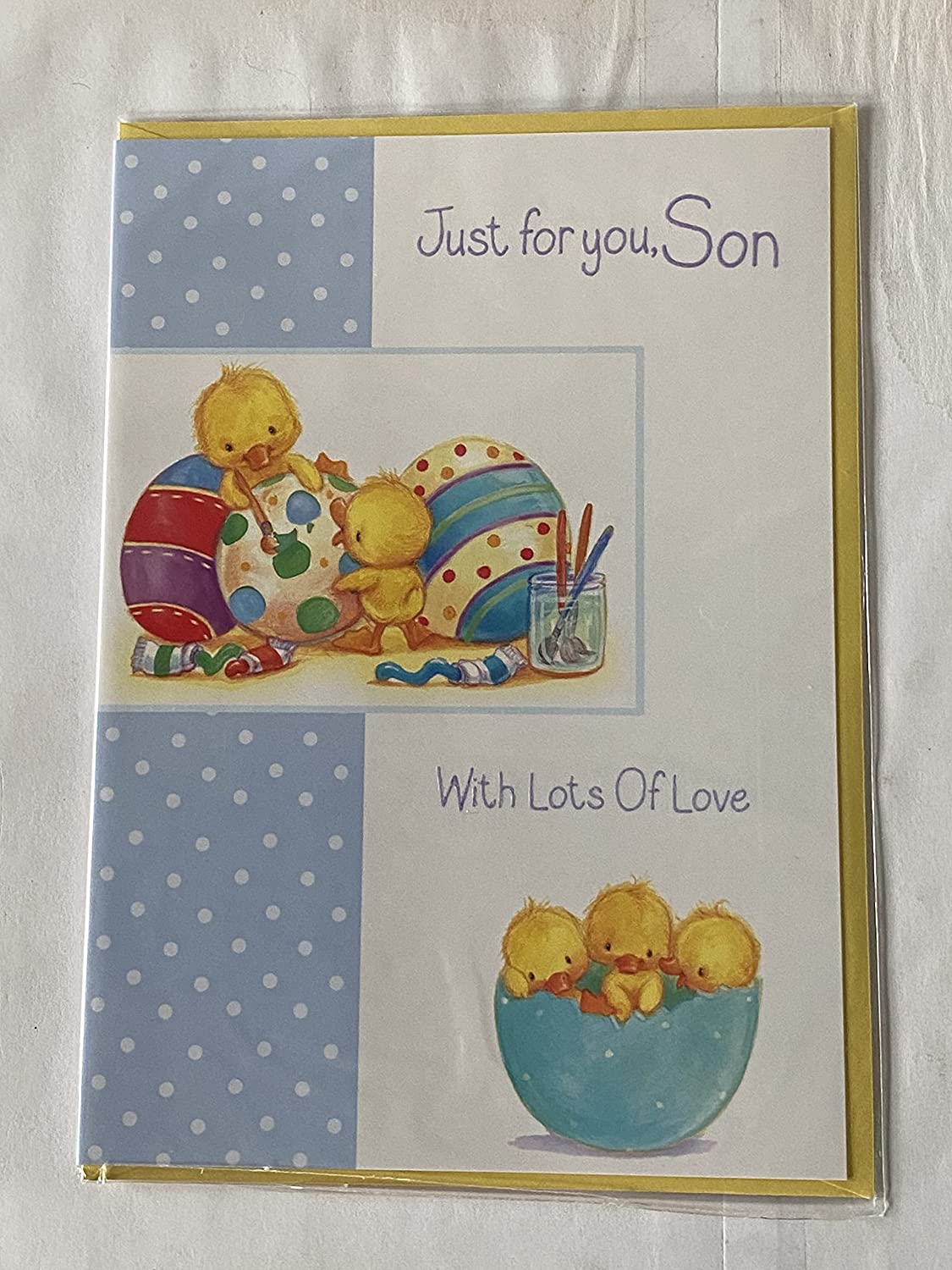 Just For You Son With Lots Of Love Easter Card White/Blue-Chicks/Multi Easter Eggs Design(ESE12759A)