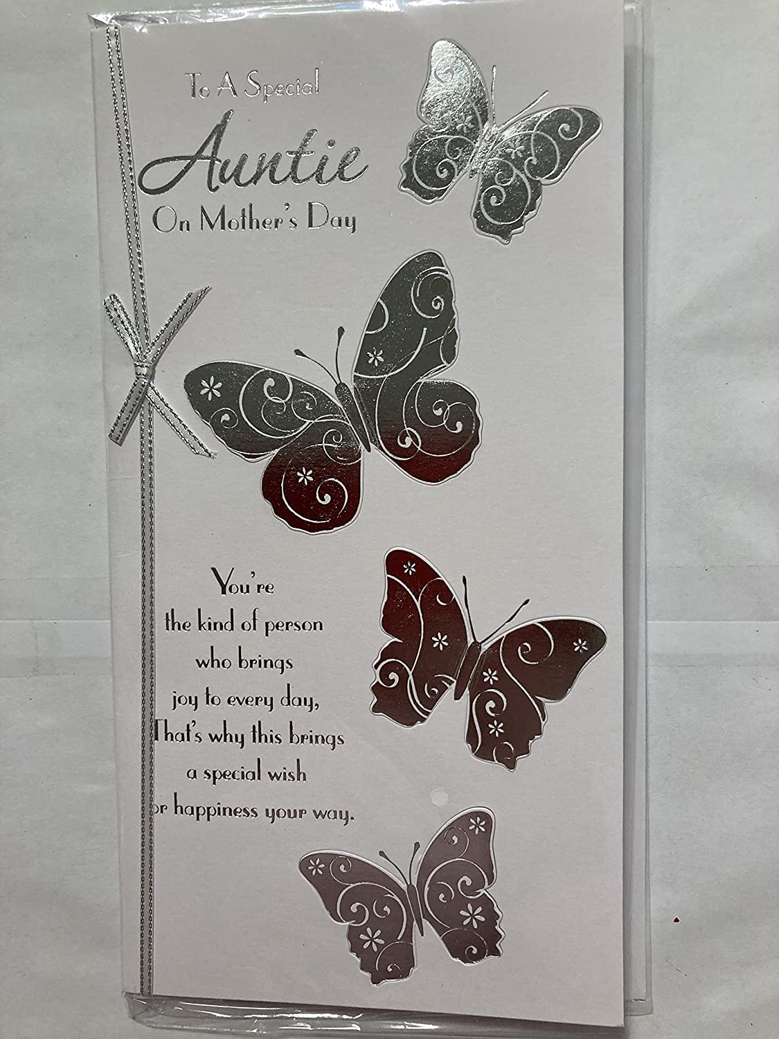 To A Special Auntie On Mother's Day Mothers Day Card White-Silver Butterflies/Words Ribbon/Foil Detail