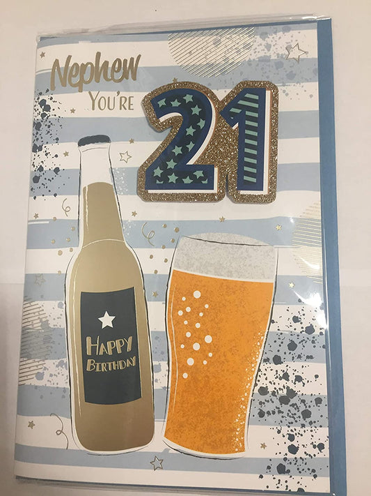 Nephew You're 21 Happy Birthday Card Age 21 21st Twenty-One White/Blue/Gold Beers/Stripes 3D/Glitter/Foil Detail