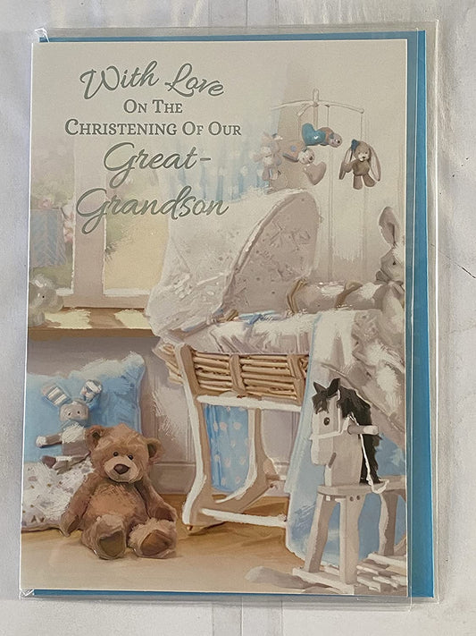 With Love On The Christening Of Our Great-Grandson Christening Card Great-Grandson's Christening Day Card White Crib/Teddy Foil Detail(VA103E)