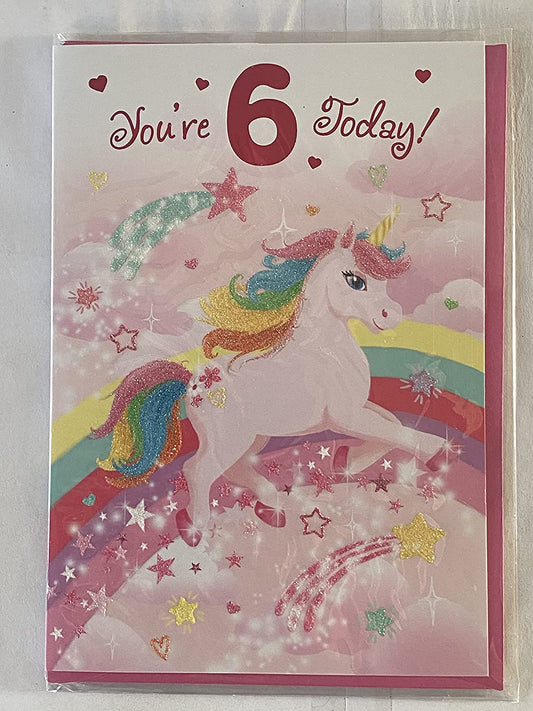 Girls Female Age 6 6th Six Sixth You're 6 Today! Birthday Card Pink-Jumping Unicorn/Rainbow Glitter/Foil Detail(PH48401E)