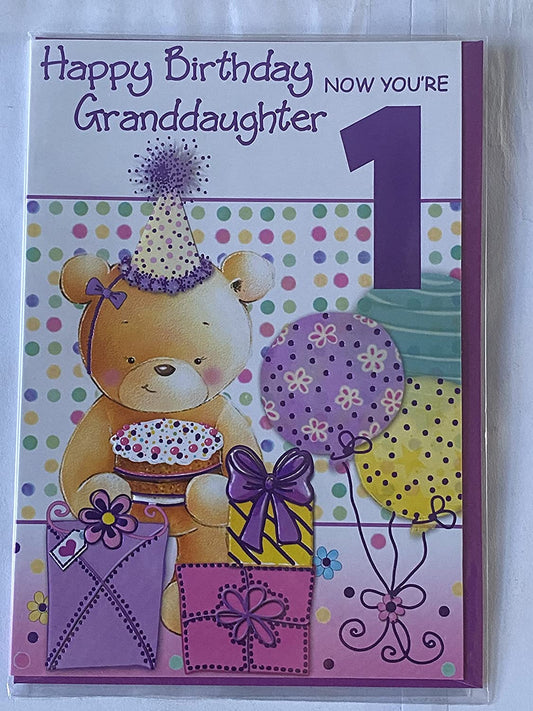 Happy Birthday Granddaughter Now You're 1 One First 1st Birthday Card Teddy/Presents/Cake Foil Detail