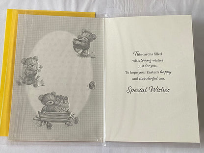 To Very Special Grandchildren Happy Easter Card Yellow-Teddies/Easter Eggs/Wheelbarrow Foil Detail