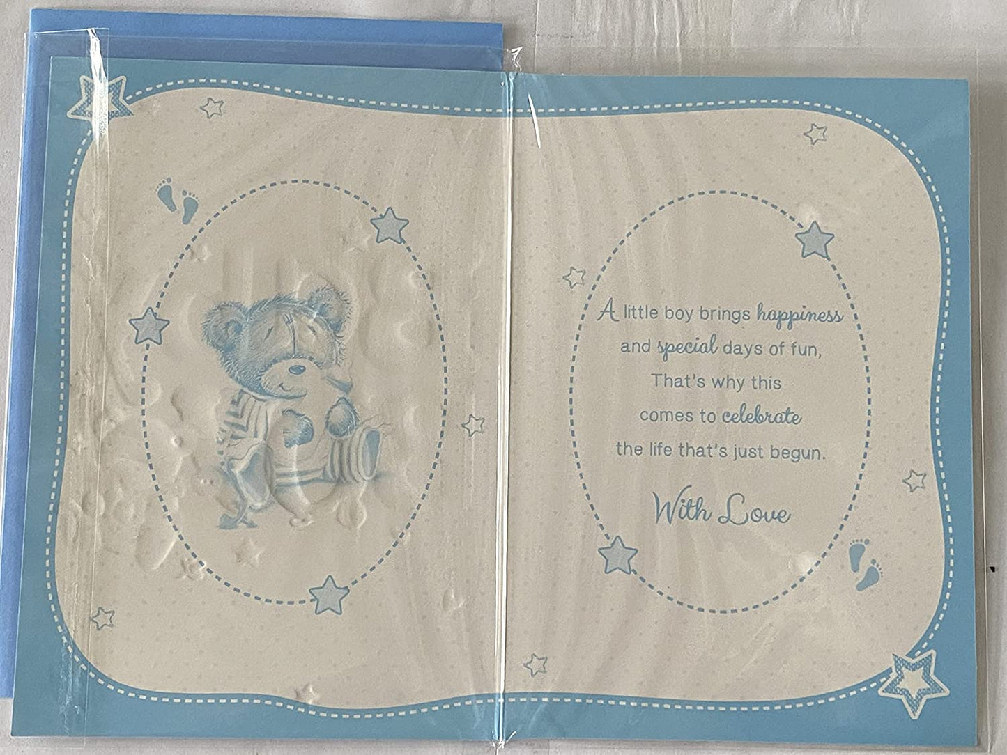 With Love On The Birth of Our Great-Grandson Baby Boy New Baby Born Card from The Great-Grandparents White/Blue Baby Teddy/Bottle Foil Detail(PH42354E)