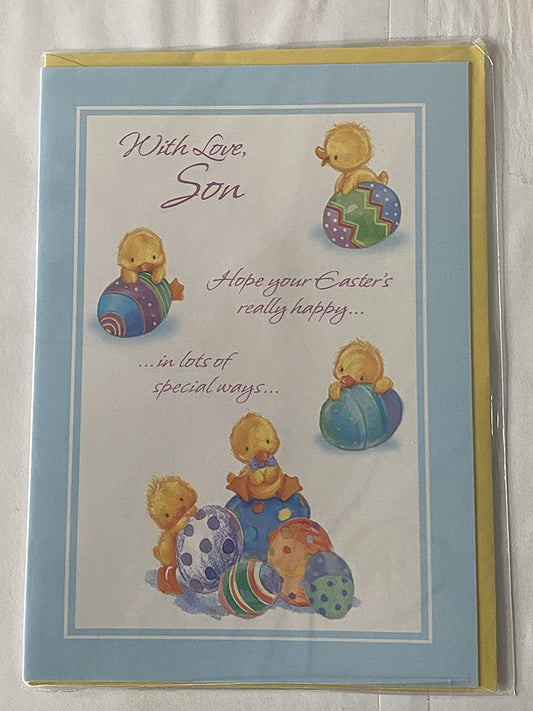 With Love Son Easter Card Blue/White-5 Chicks Climbing+Sitting on Multi Easter Eggs Design(ESE14207A)