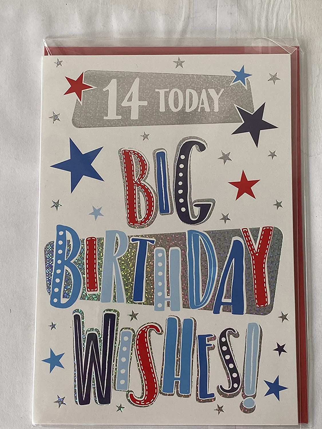 Boys Male Age 14 14th Fourteen Fourteenth 14 Today Big Birthday Wishes! Birthday Kids Card White/Silver/Blue/Red Words/Stars Foil Detail(VA145E)