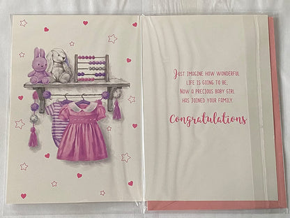 Congratulations On The Birth of Your Great-Granddaughter New Baby Girl Born Card To The Great-Grandparents Purple/Pink Baby Clothes/Purple+White Rabbits Foil Detail(NC-VA215E)