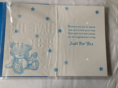 To A Fantastic Great-Grandad Have The Best Day Ever! Birthday Card White/Blue Teddy/Words/Stars Foil Detail