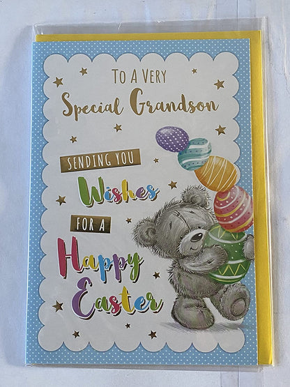 To A Very Special Grandson Sending You Wishes For A Happy Easter Card Standing Grey Teddy/Multi Easter Eggs Foil Detail