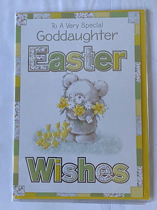 To A Very Special Goddaughter Easter Wishes Easter Card Yellow/Green Words/Teddy Holding 3 Daffodils Foil Detail(PH36819E)