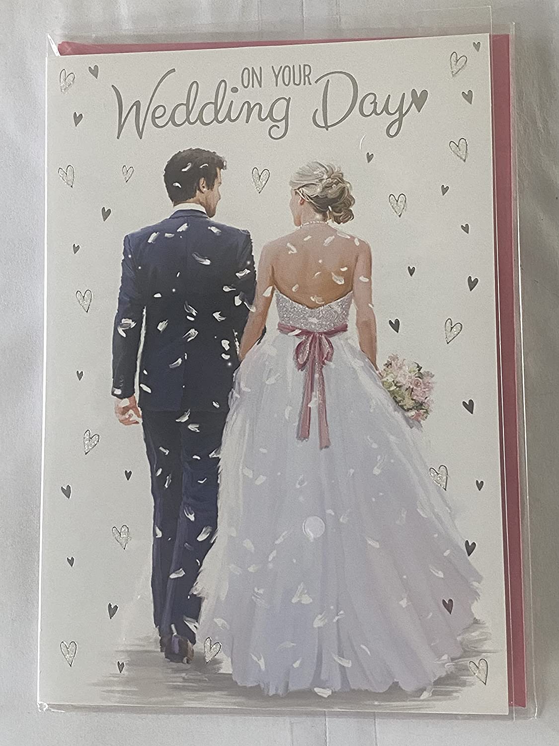 On Your Wedding Day Card Bride+Groom Holding Hands/Hearts Glitter/Foil Detail On Your Wedding Day Card