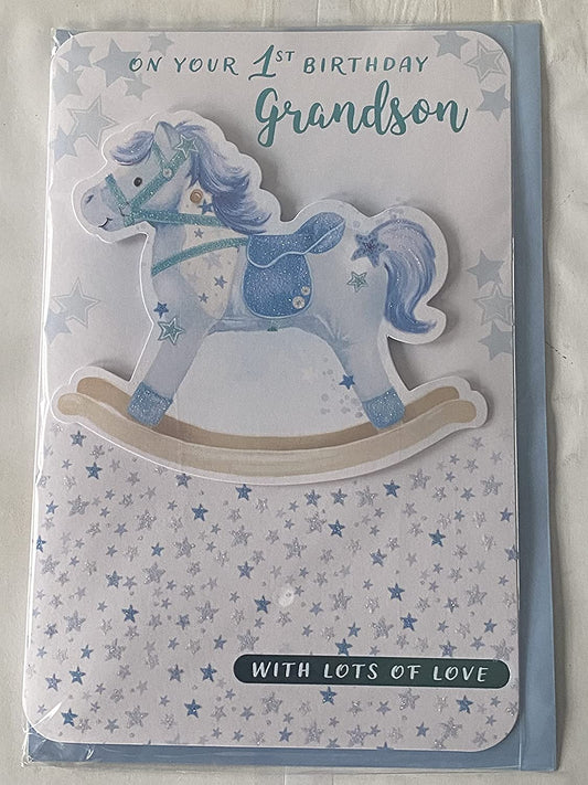 On Your 1st Birthday Grandson With Lots Of Love Birthday Card Grandson's First 1st Age 1 One Birthday Blue Rocking Horse/Stars 3D/Glitter/Foil Detail(PRELUDE48717)