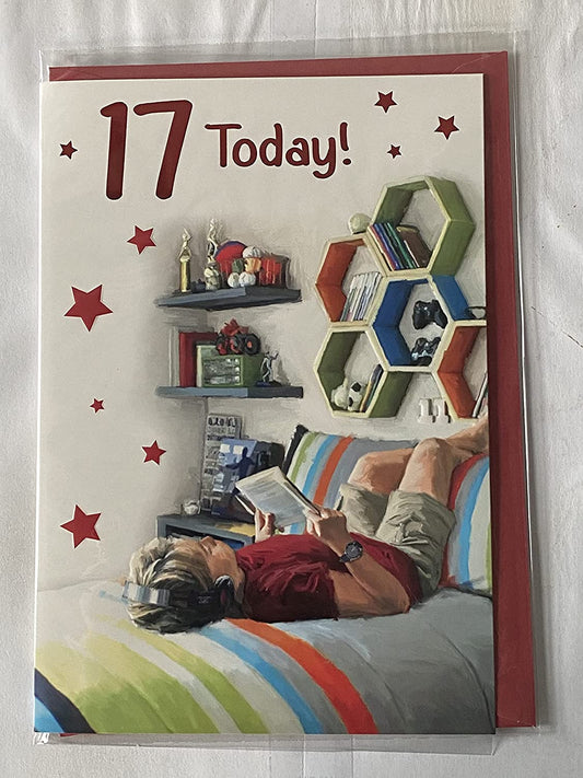 Boys Male Age 17 17th Seventeen Seventeenth 17 Today! Birthday Card Young Man Relaxing On Bed/Book/Headphones Foil Detail(PH47354E)