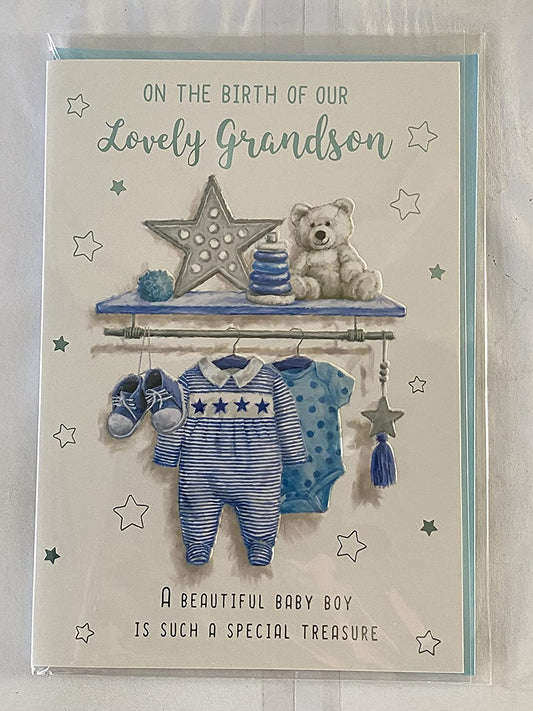 On The Birth of Our Lovely Grandson New Baby Boy Born Card from The Grandparents Blue Baby Clothes/Blue Star Foil Detail(NC-VA217A)