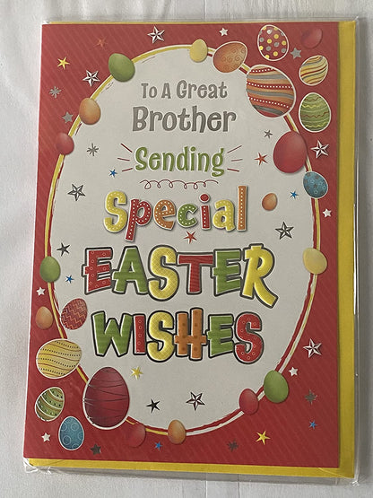 To A Great Brother Sending Special Easter Wishes Easter Card Red- Multi Easter Eggs/Multi Words Foil Detail