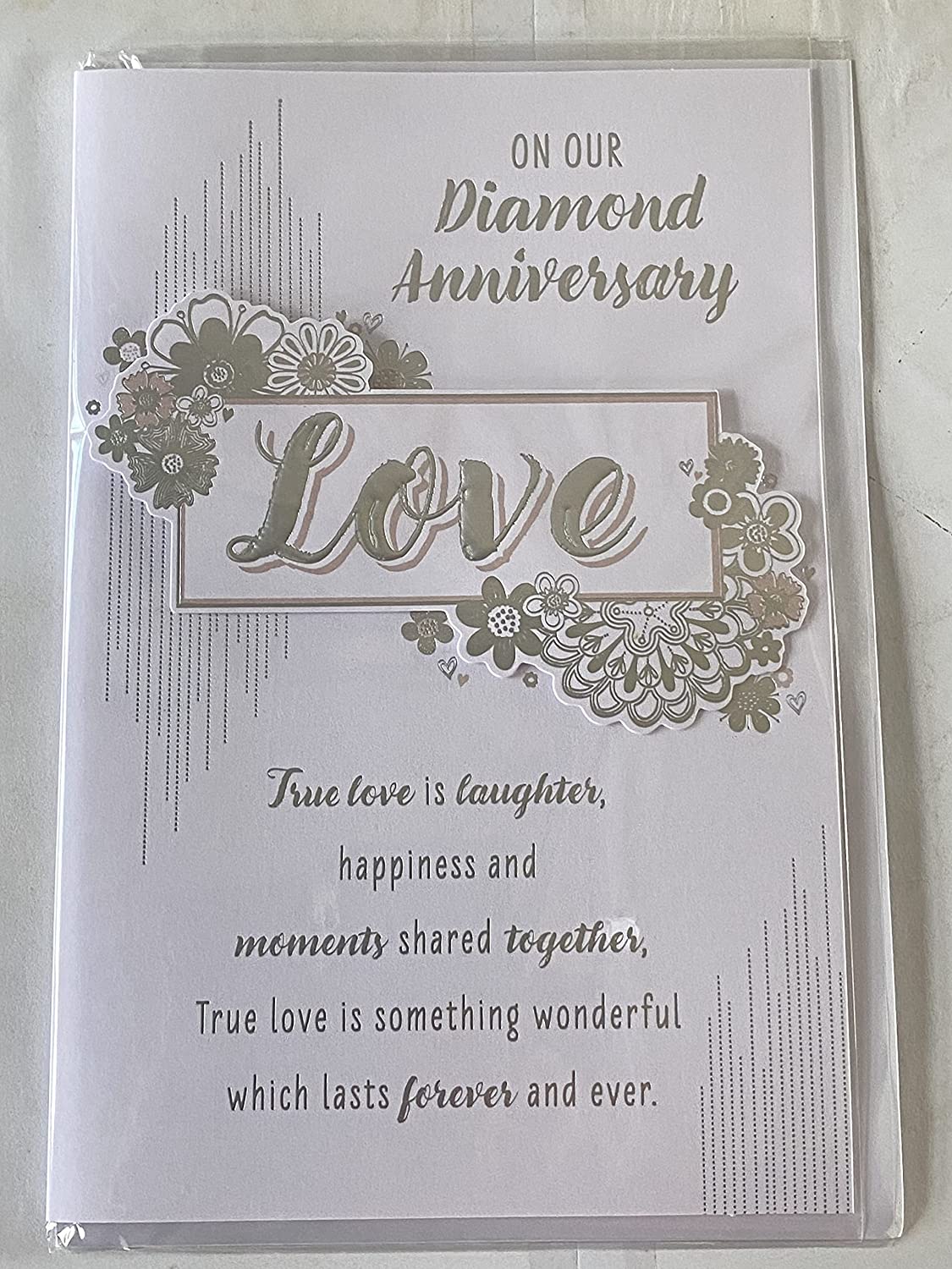 On Our Diamond Anniversary Love 60th Wedding Anniversary Card Husband Wife White/Silver Flowers/Words 3D/Foil Detail