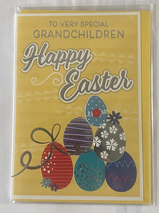 To Very Special Grandchildren Happy Easter Card Yellow-Multi Easter Eggs Foil Detail