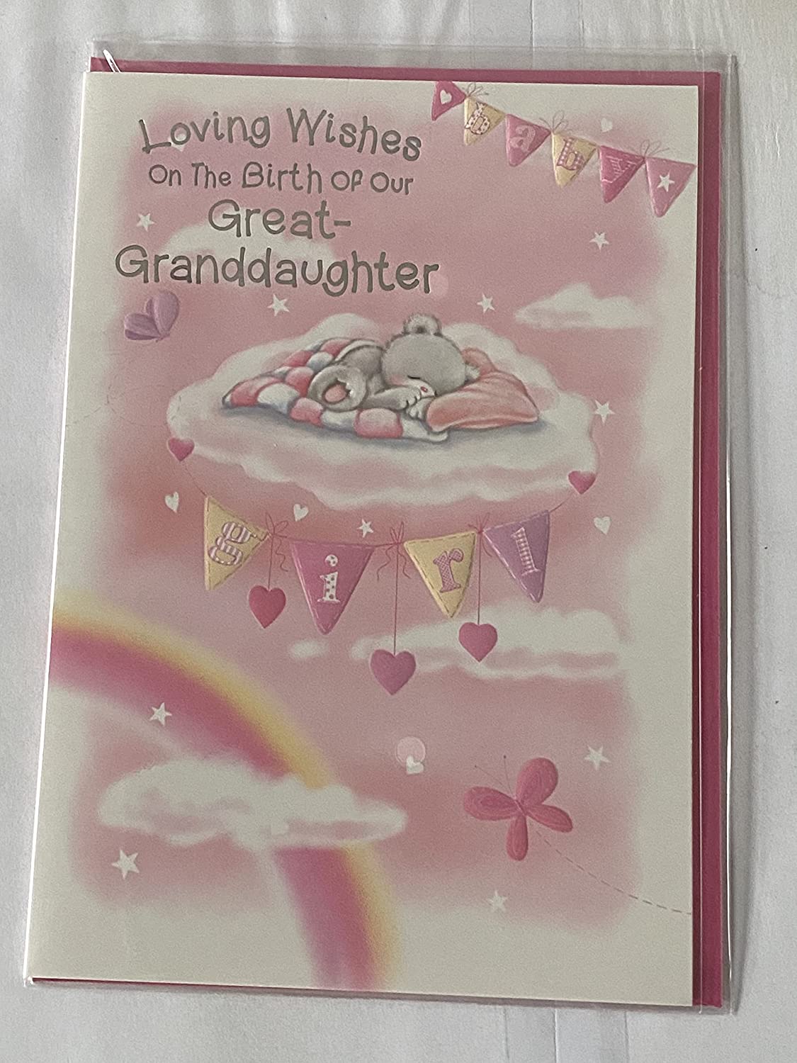 Loving Wishes On The Birth of Our Great-Granddaughter New Baby Girl Born Card From The Great-Grandparents White+Pink Teddy/Bed/Clouds Foil Detail(VA100A)