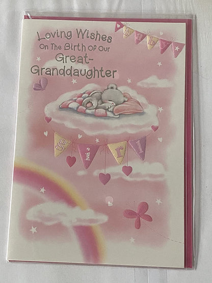 Loving Wishes On The Birth of Our Great-Granddaughter New Baby Girl Born Card From The Great-Grandparents White+Pink Teddy/Bed/Clouds Foil Detail(VA100A)