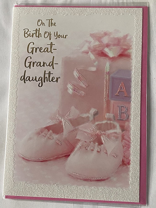 On The Birth of Your Great-Granddaughter New Baby Girl Born Card to Great-Grandparents Pink Booties/Pink Present Glitter/Foil Detail(PH43645A)