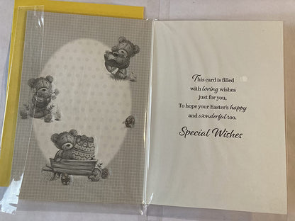 To A Special Great-Granddaughter Happy Easter Card Yellow-Teddies/Easter Eggs/Wheelbarrow Foil Detail(PH47779E)