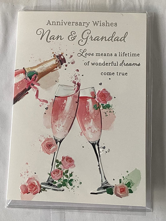 Anniversary Wishes Nan & Grandad Wedding Anniversary Card Pink Champagne/Flutes/Pink Flowers Foil Detail(NC-VA219E)