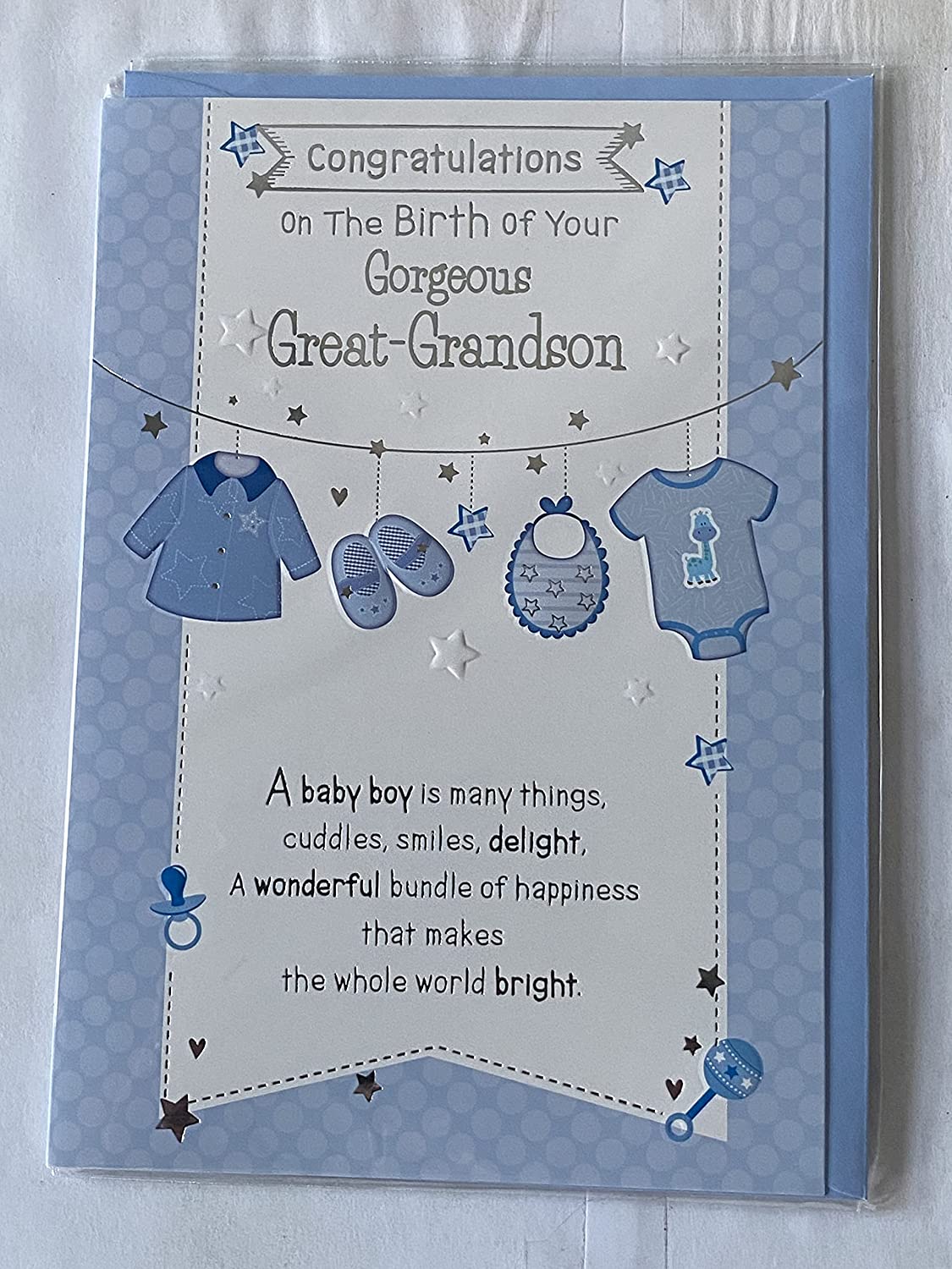 Congratulations On The Birth of Your Gorgeous Great-Grandson New Baby Boy Born Card to The Great-Grandparents White/Blue Clothes Line/Silver Words Foil Detail9PH39999A)