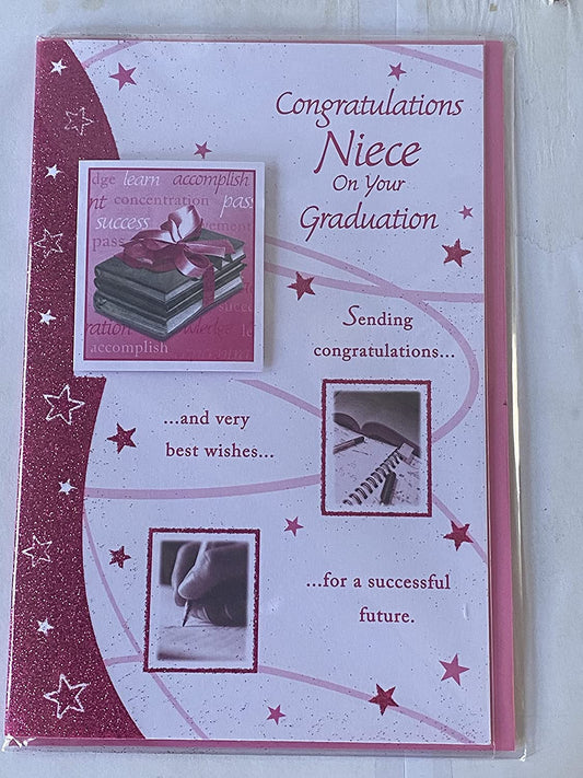 Congratulations Niece On Your Graduation Graduated Card White/Pink-Pictures/Words/Stars 3D/Glitter/Foil Detail(PRELUDE33226)