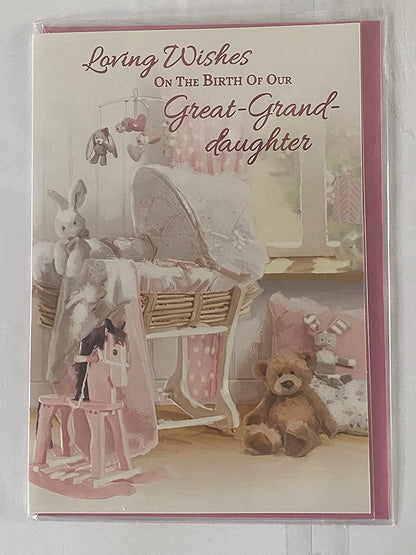 Loving Wishes On The Birth Of Our Great-Granddaughter New Baby Girl Born Card From The Great-Grandparents White Crib/Teddy Foil Detail(VA101E)