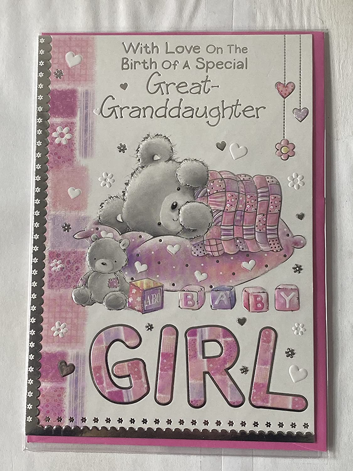 With Love On The Birth of A Special Great-Granddaughter New Baby Girl Born Card From Great-Grandparents Grey Teddy/Pink Check Blanket Foil Detail(PH37265E)