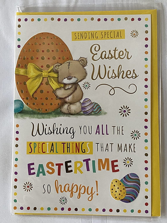 Sending Special Easter Wishes Card Open General Teddy/Big Orange Easter Egg/Multi Words/Spots Foil Detail