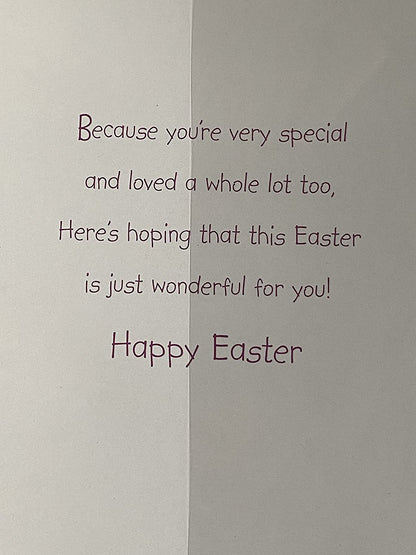 To A Special Mummy Happy Easter Card Yellow-Teddy In Big Blue Egg/Multi Easter Eggs/Multi Words/Stripes Foil Detail(PH33130E)