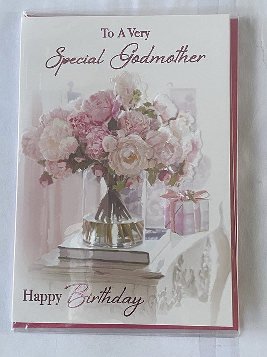 To A Very Special Godmother Happy Birthday Card White/Pink Flowers/Vase/Window/Books Foil Detail(NC-VA115E)