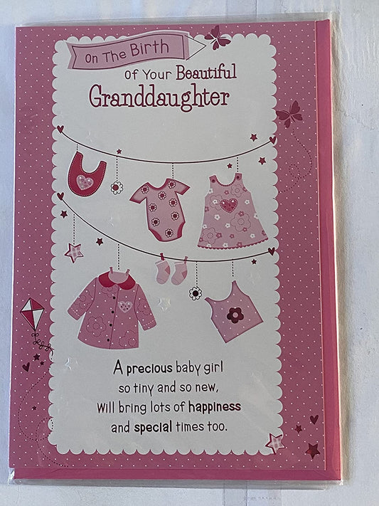 On The Birth of Your Beautiful Granddaughter New Baby Girl Born Card to The Grandparents White/Pink Clothes/Words Foil Detail(PH39997A)