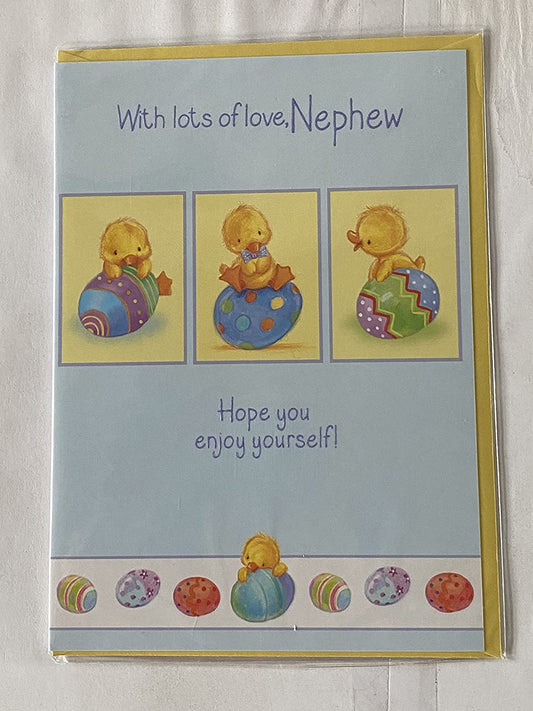 With Lots Of Love Nephew Hope You Enjoy Yourself! Easter Card Blue-Chicks/Multi Easter Eggs Design