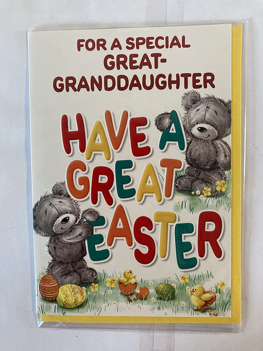 For A Special Great-Granddaughter Have Great Easter Card Teddy/Easter Eggs/Chicks/Multi Words Foil Detail